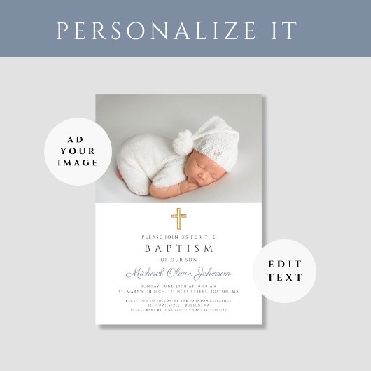 ほこりっぽい青の宗教十字少年の写真バプテスマ 招待状
