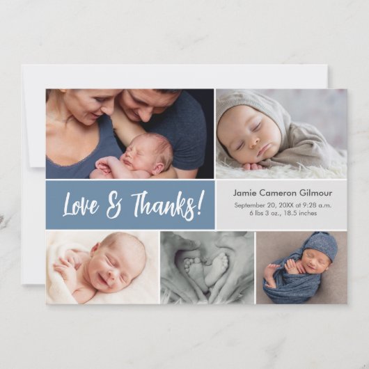 ほこりっぽい青の愛と写真感謝してい赤ん数々のだシャワー サンキューカード (正面)