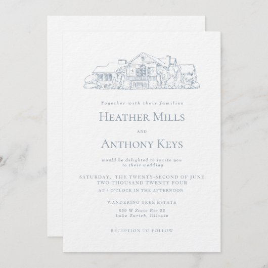 ほこりっぽい青の招待状 会場のスケッチ付き 招待状 (正面/裏面)