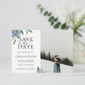 ほこりっぽい青の植物写真の日付を保存 案内状 (スタンド正面)