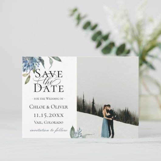 ほこりっぽい青の植物写真の日付を保存 案内状 (スタンド正面)