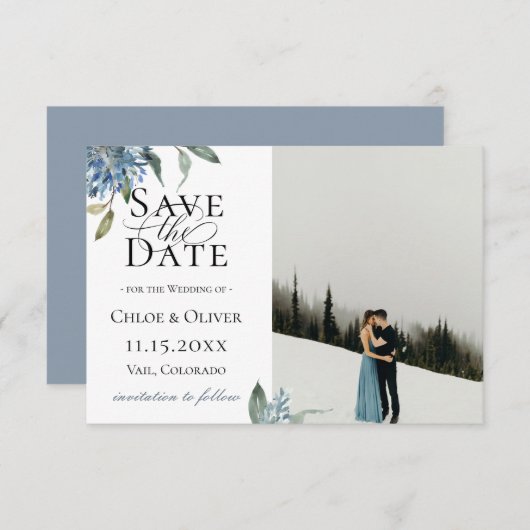 ほこりっぽい青の植物写真の日付を保存 案内状 (正面/裏面)