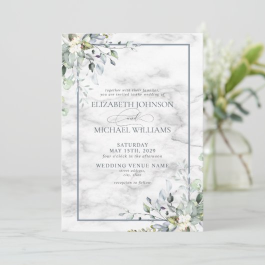 ほこりっぽい青の植物性の緑の白い大理石結婚の 招待状 (スタンド正面)