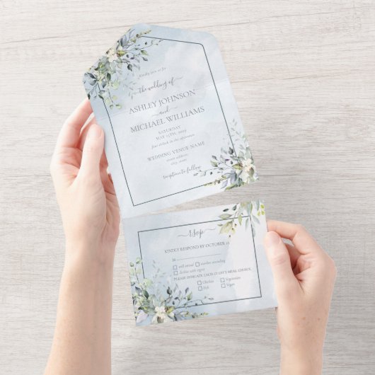 ほこりっぽい青の植物緑の水色スクリプト オールインワン招待状 (貼ってはがせる)