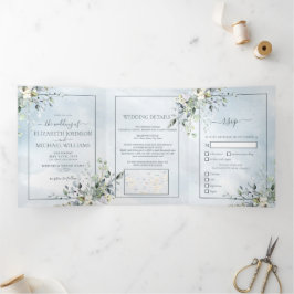 ほこりっぽい青の植物緑の水色スクリプト 三つ折り招待状