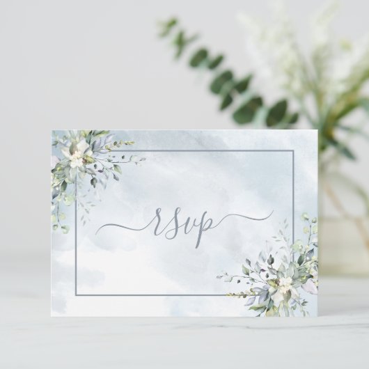 ほこりっぽい青の植物緑の水色RSVP 出欠カード (スタンド正面)