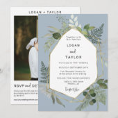 ほこりっぽい青の植物緑の金ゴールドQRコード写真 招待状 (正面/裏面)