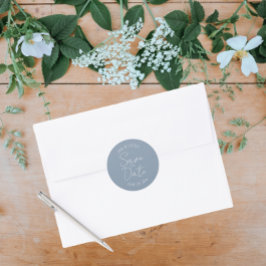 ほこりっぽい青の様式化された結婚式の日付を保存 ラウンドシール