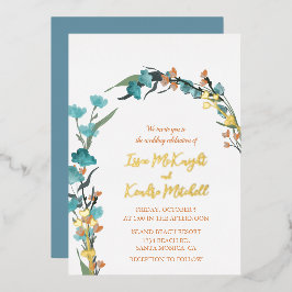 ほこりっぽい青の燃えたオレンジ色の水色フローラ 箔招待状