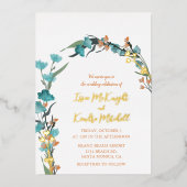 ほこりっぽい青の燃えたオレンジ色の水色フローラ 箔招待状 (正面)