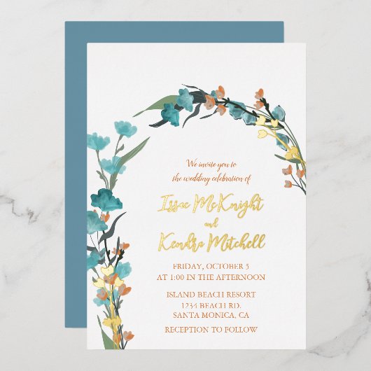 ほこりっぽい青の燃えたオレンジ色の水色フローラ 箔招待状 (正面/裏面)