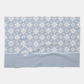ほこりっぽい青の白い花タイルのパタ縁どン キッチンタオル (横)