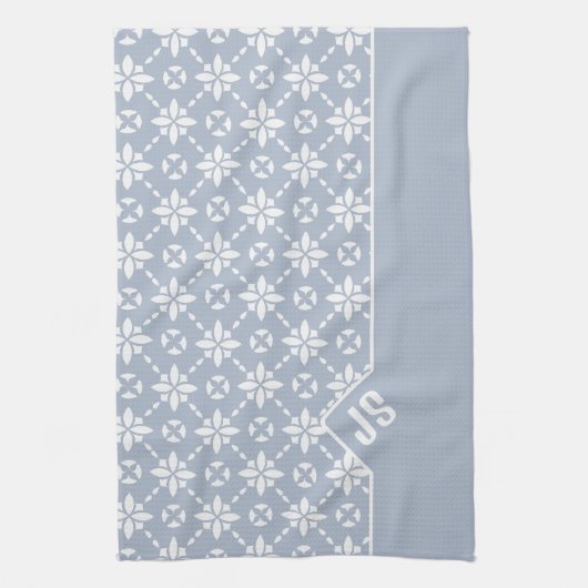 ほこりっぽい青の白い花タイルのパタ縁どン キッチンタオル (縦)