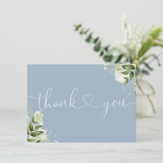 ほこりっぽい青の緑のフローラエレガントスクリプトハート サンキューカード (スタンド正面)
