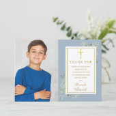 ほこりっぽい青の緑のフローラ写真の確認 サンキューカード (スタンド正面)