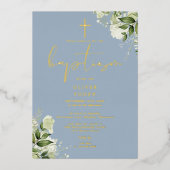 ほこりっぽい青の緑のモノグラムバプテスマ金ゴールド 箔招待状 (正面)
