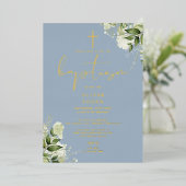 ほこりっぽい青の緑のモノグラムバプテスマ金ゴールド 箔招待状 (立ち正面)