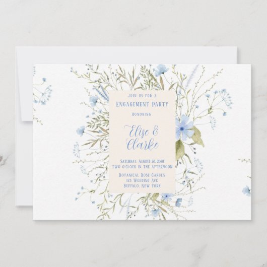 ほこりっぽい青の繊細なワイルドフラワー婚約パーティ 招待状 (正面)