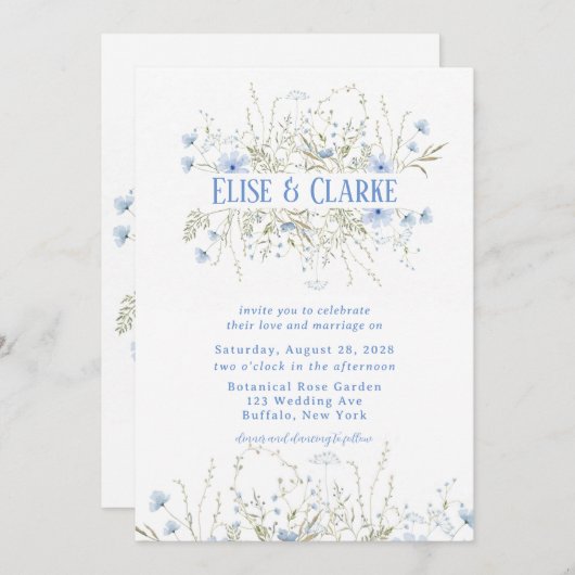 ほこりっぽい青の繊細なワイルドフラワー結婚式招待状 招待状 (正面/裏面)