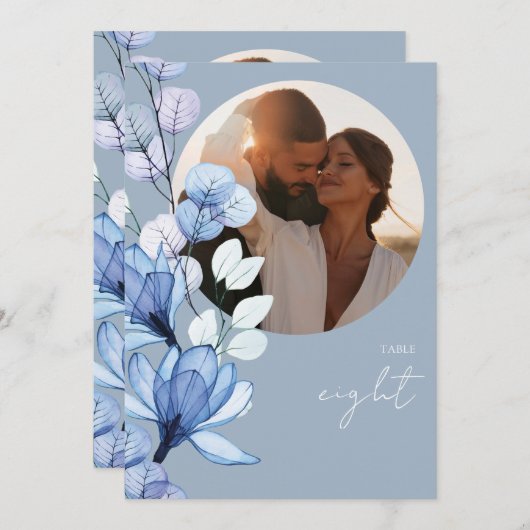 ほこりっぽい青の透明な花のフォトテーブル番号 招待状 (正面/裏面)