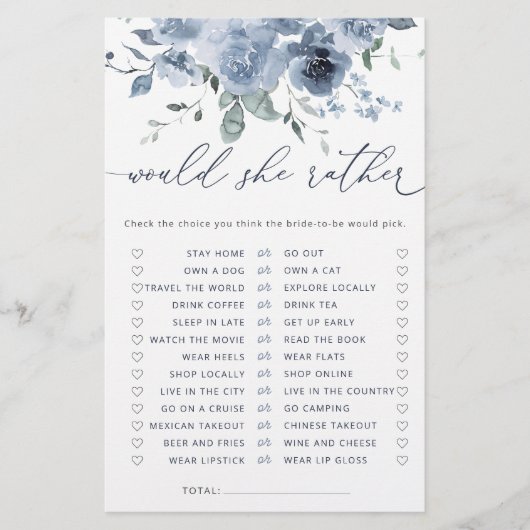 ほこりっぽい青は彼女はむしろブライダルシャワー試合だろう (正面)