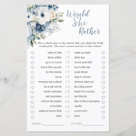 ほこりっぽい青は彼女はむしろブライダルシャワー試合だろう (正面)