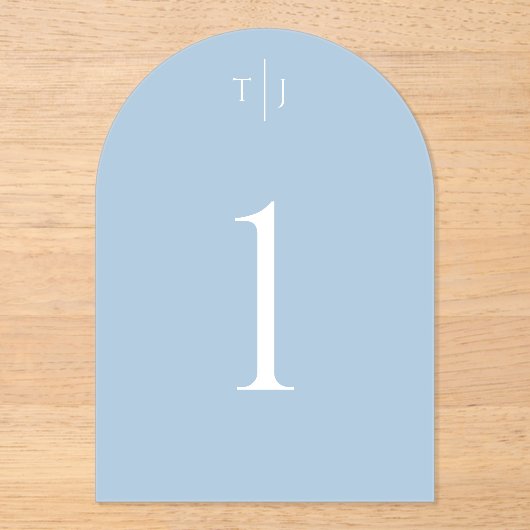 ほこりっぽい青アーチ型テーブルナンバー、アクリルテーブルカード アクリル招待状 (正面)