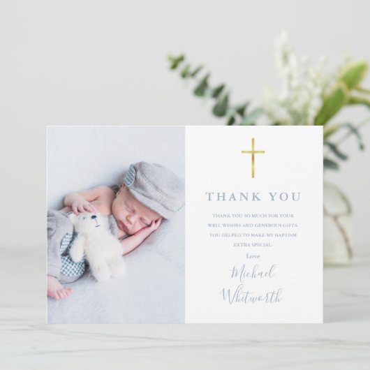 ほこりっぽい青エレガントい写真シグネチャースクリプトバプテスマ サンキューカード (スタンド正面)