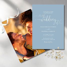 ほこりっぽい青エレガントハートスクリプトの結婚写真 招待状