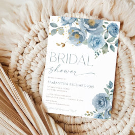ほこりっぽい青エレガントフローラバラブライダルシャワー 招待状