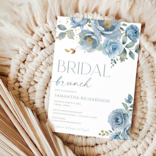 ほこりっぽい青エレガントフローラバラブライダルブランチ 招待状