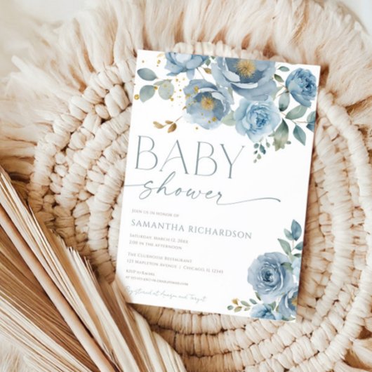ほこりっぽい青エレガントフローラバラ男の子シャワー 招待状