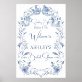 ほこりっぽい青エレガントブライダルシャワー歓迎サイン ポスター (正面)