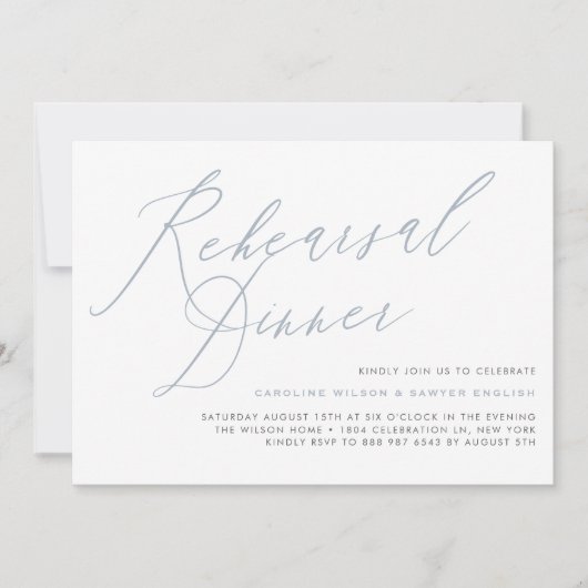 ほこりっぽい青エレガント書道リハーサルディナー 招待状 (正面)