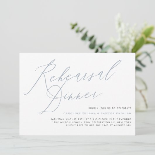 ほこりっぽい青エレガント書道リハーサルディナー 招待状 (スタンド正面)