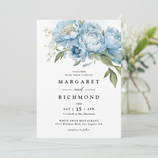 ほこりっぽい青エレガント牡丹の水の色結婚の 招待状 (スタンド正面)