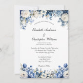ほこりっぽい青エレガント白フローラ水結婚色 招待状 (正面)