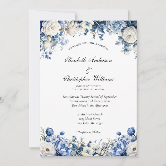ほこりっぽい青エレガント白フローラ水結婚色 招待状 (正面)