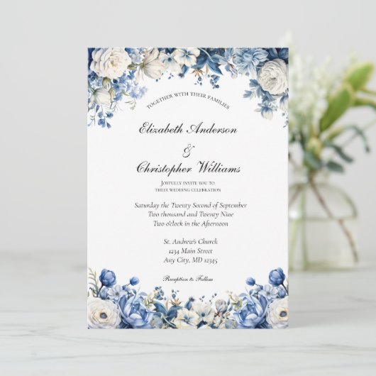 ほこりっぽい青エレガント白フローラ水結婚色 招待状 (スタンド正面)