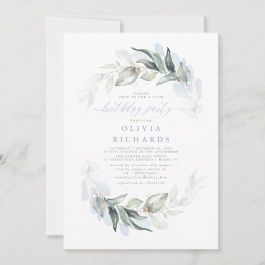 ほこりっぽい青エレガント緑の誕生日パーティー 招待状 (正面)