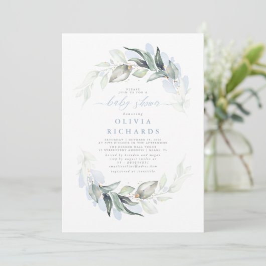 ほこりっぽい青エレガント緑の赤ちゃん 招待状 (スタンド正面)