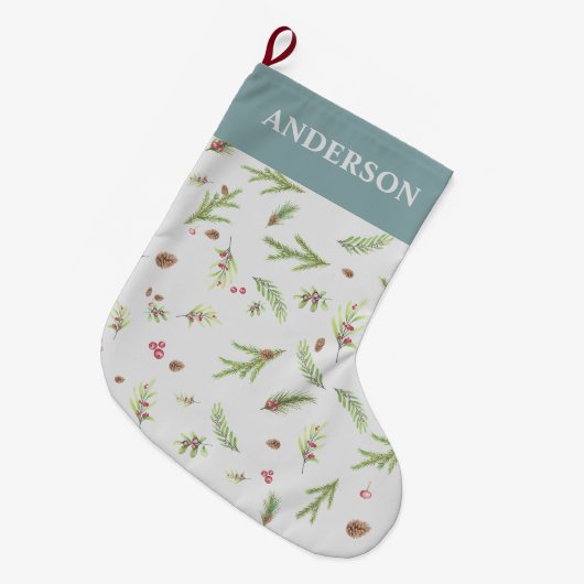 ほこりっぽい青エレガント色モダン植物家族の贈り物 ラージクリスマスストッキング (正面 (吊り時))