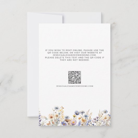 ほこりっぽい青エレガント野花QRコー結婚ド 出欠カード (裏面)
