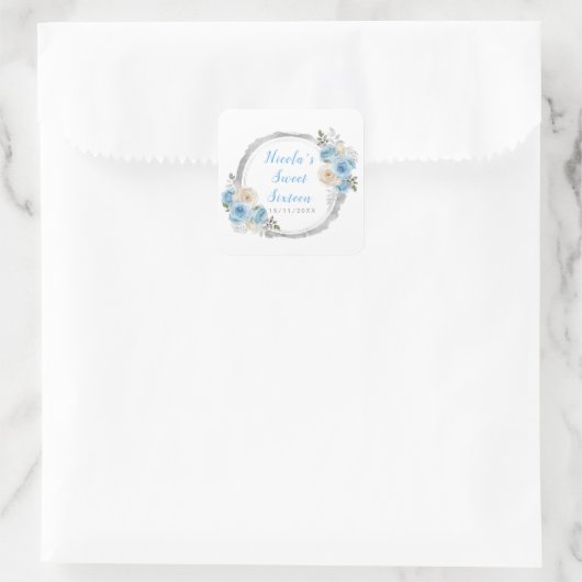 ほこりっぽい青エレガント銀色の花Sweet sixteen スクエアシール (バッグ)