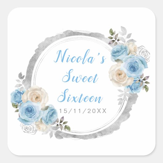 ほこりっぽい青エレガント銀色の花Sweet sixteen スクエアシール (正面)
