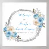 ほこりっぽい青エレガント銀色の花Sweet sixteen ポスター (正面)