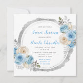 ほこりっぽい青エレガント銀色の花Sweet sixteen 招待状 (正面)