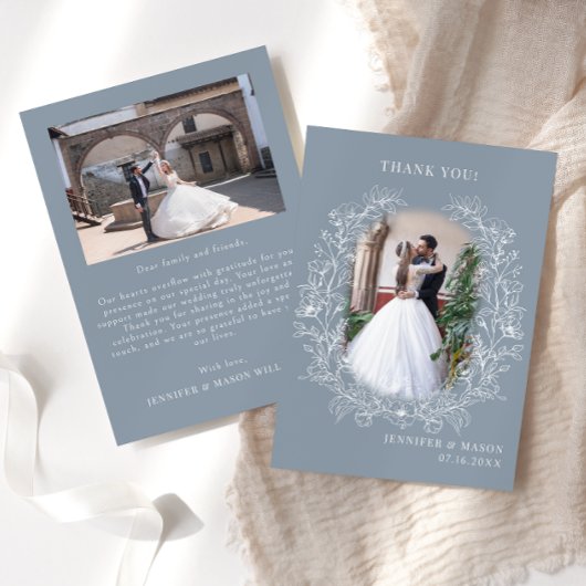 ほこりっぽい青クラシックフローラ結婚リースの写真 サンキューカード