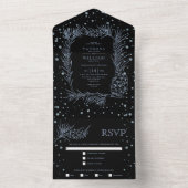 ほこりっぽい青グリッターパイン、紙吹雪ブラック結婚ズ オールインワン招待状 (内側)