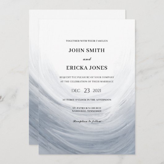 ほこりっぽい青グレーの水色結婚波 招待状 (正面/裏面)